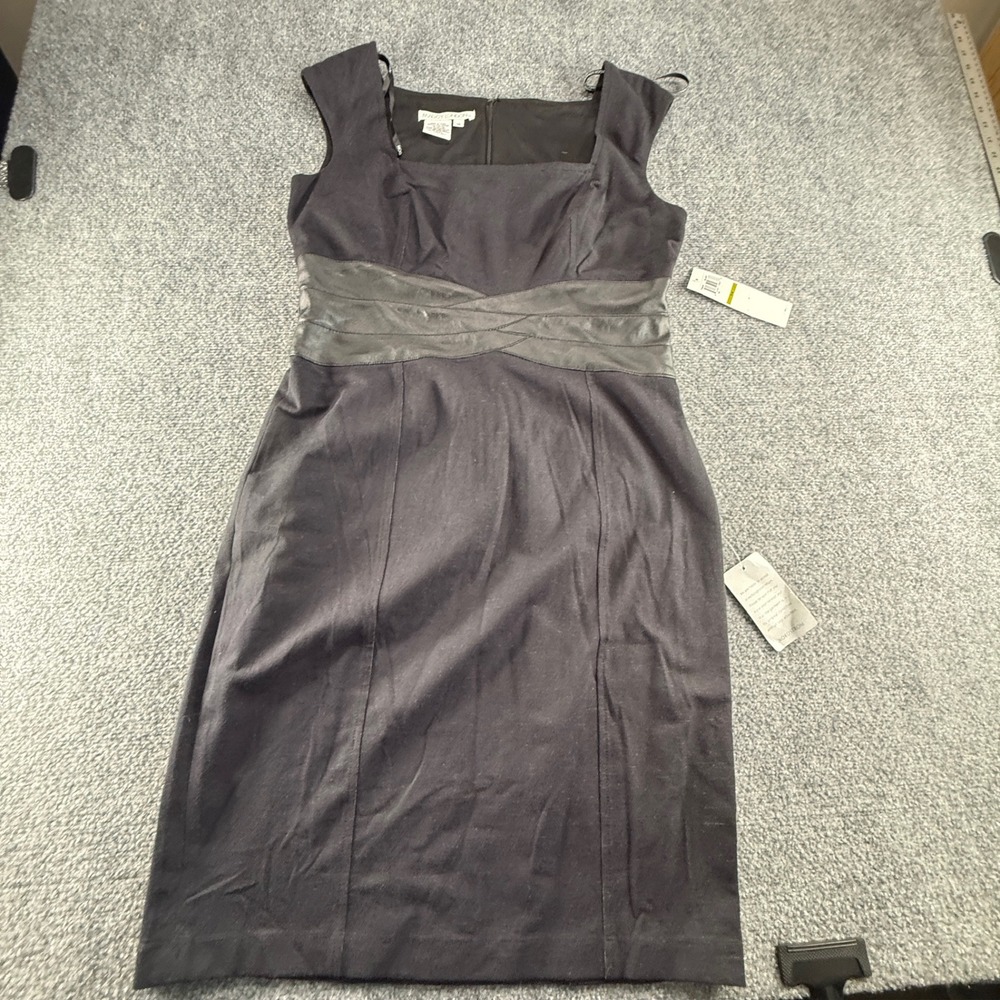 Maggy London Black Sheath Dress Faux Leather Waist Square Neck Size 14 NWT